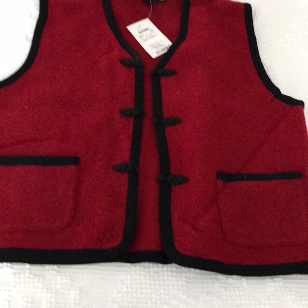 Red boiled wool vest; black trim - medium.